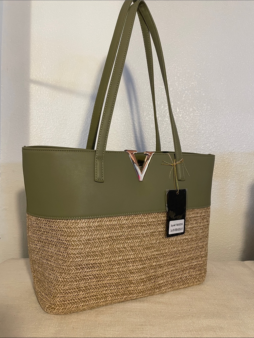 Olive Green Straw Tote with Gold V Accent